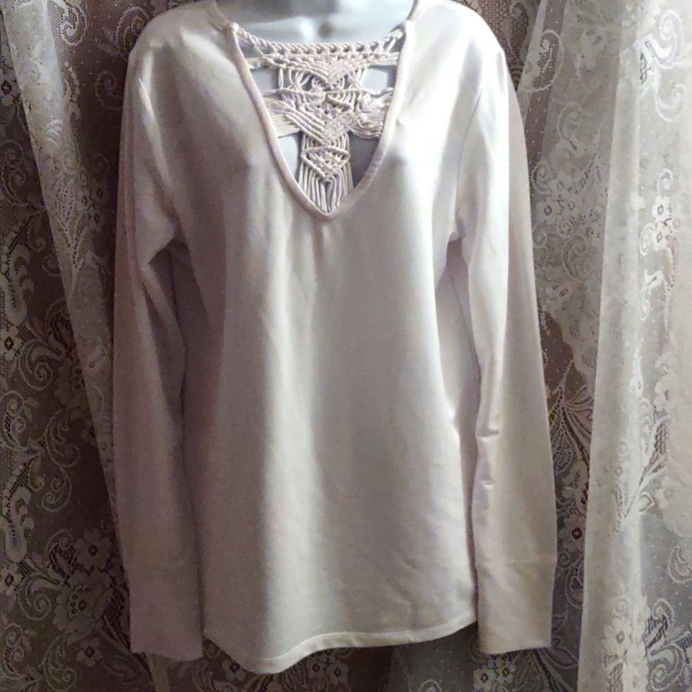New‎ Ideology Women's Sz L Boho Top White Long Sleeve Crocheted V-Neck Pullover